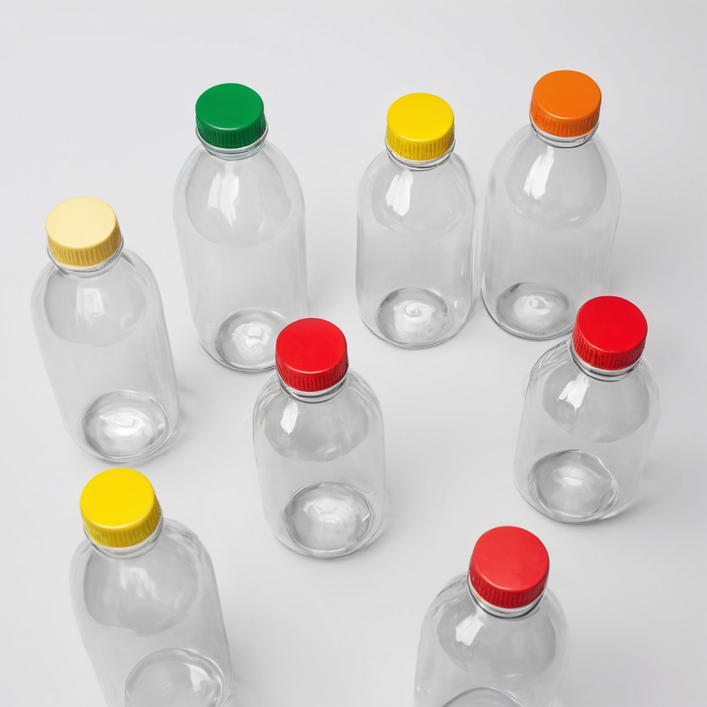 Botellas de PET cristal y tapas de colores acomodadas
