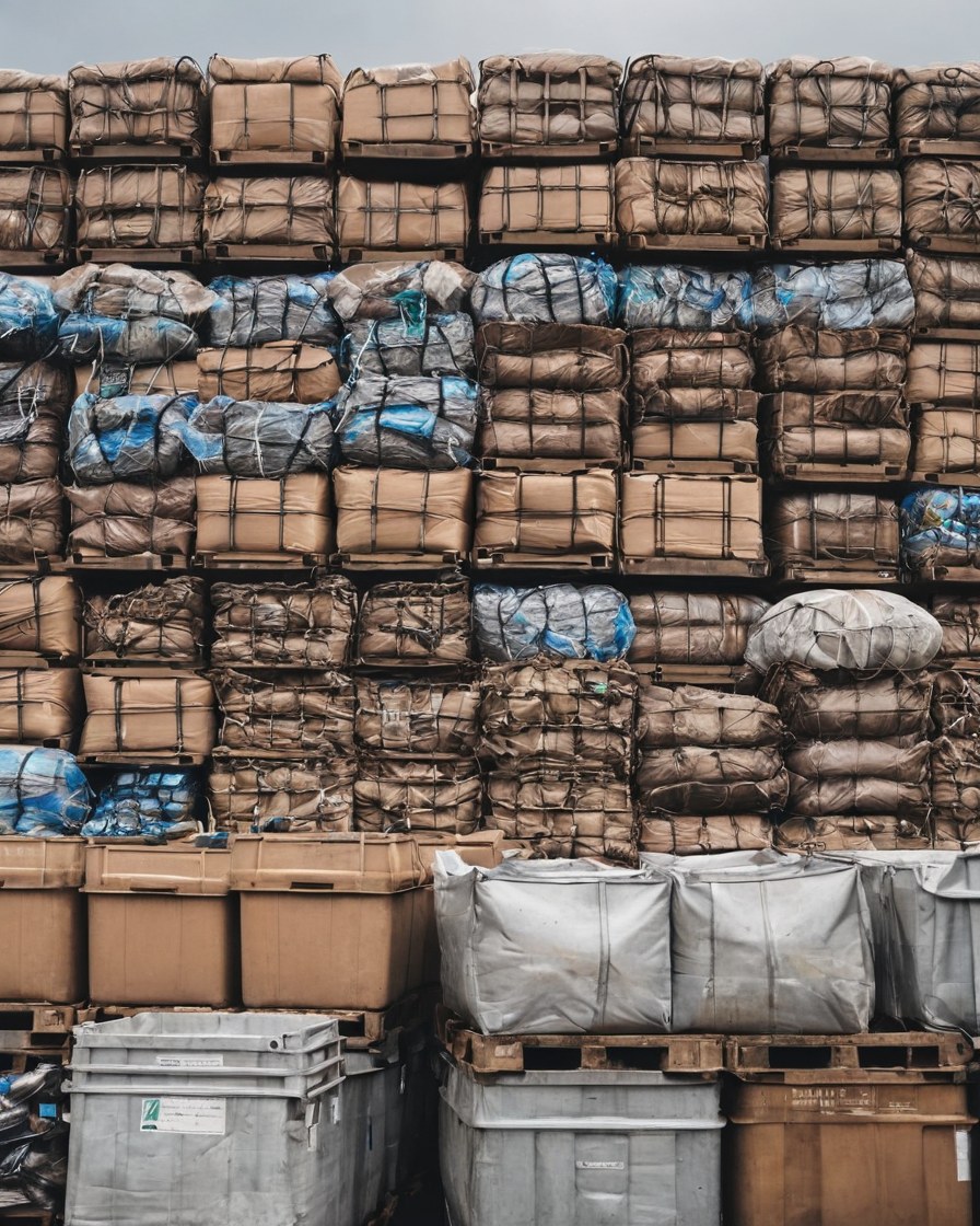 Patio de reciclaje al aire libre con contenedores, pacas de cartón y metales clasificados