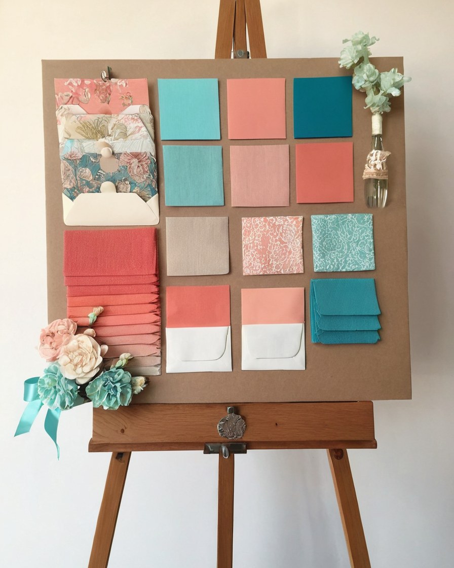 Tablero de inspiración con telas, flores y muestras de color para una boda