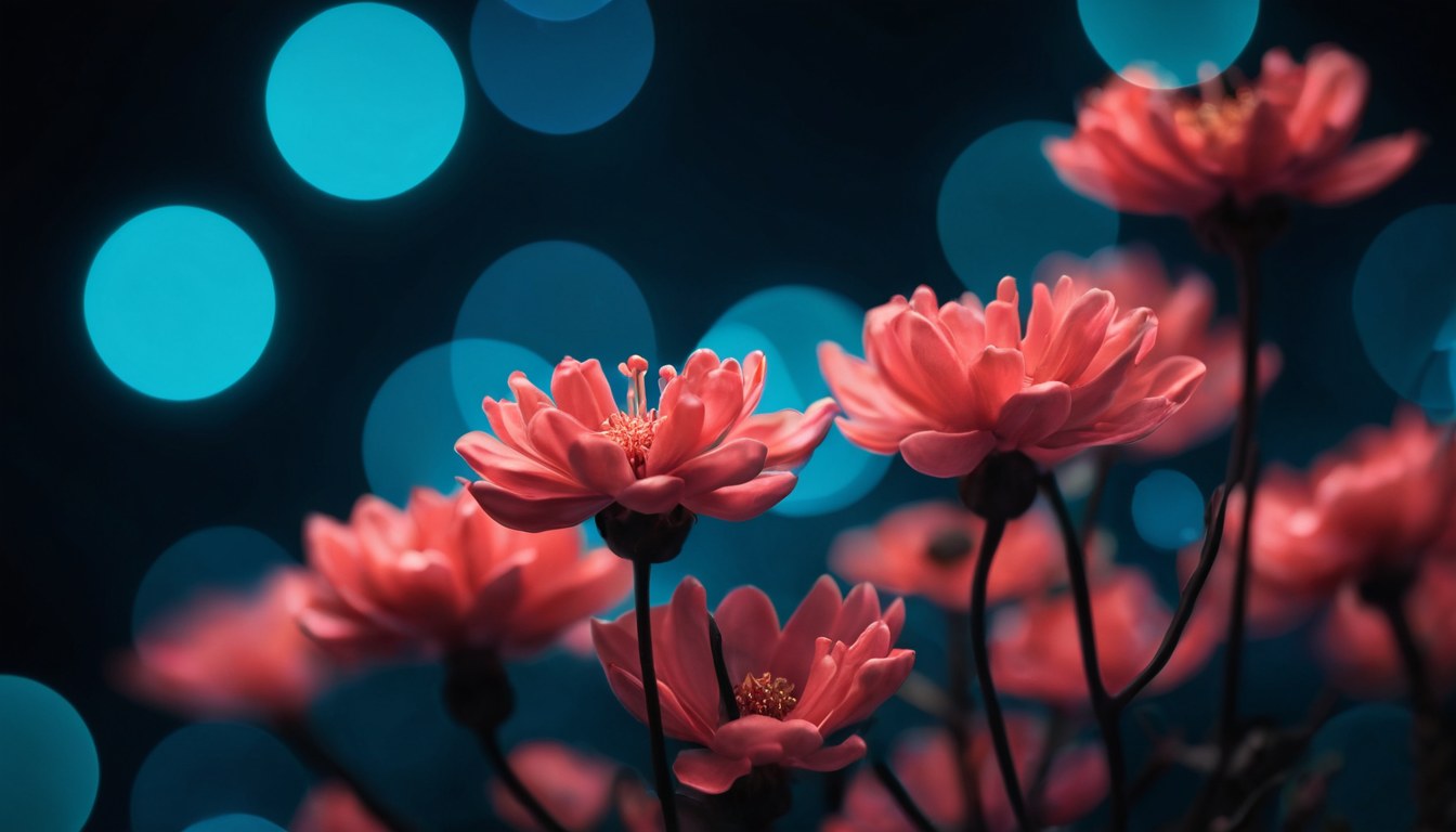 Luces de celebración y flores desenfocadas en tonos turquesa y coral
