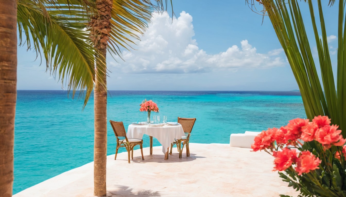 Terraza de una sede de bodas frente al mar entre palmeras y flores