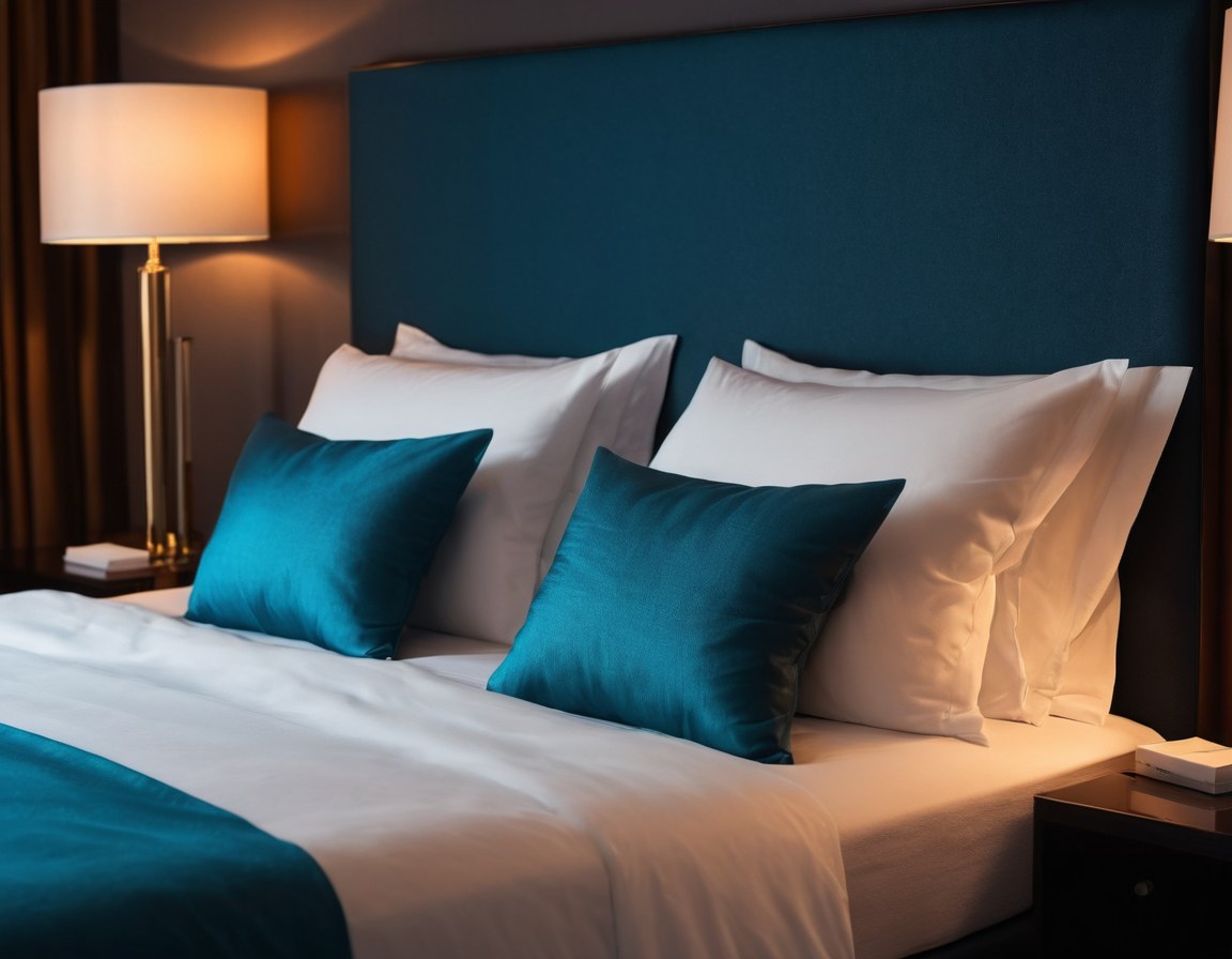 Detalle de una suite con la cama tendida y luz cian y ámbar indirecta