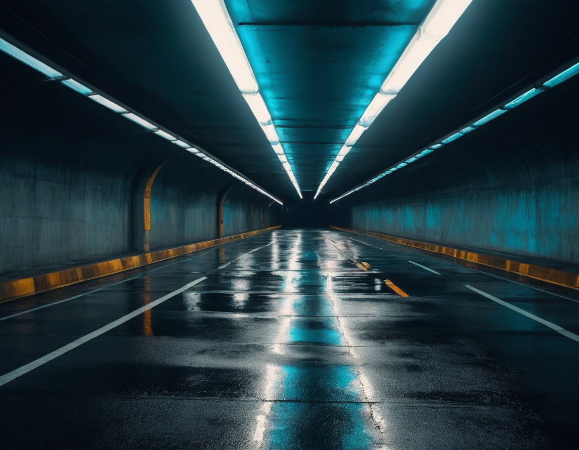 Túnel de estacionamiento oscuro con tiras de luz cian y reflejo ámbar