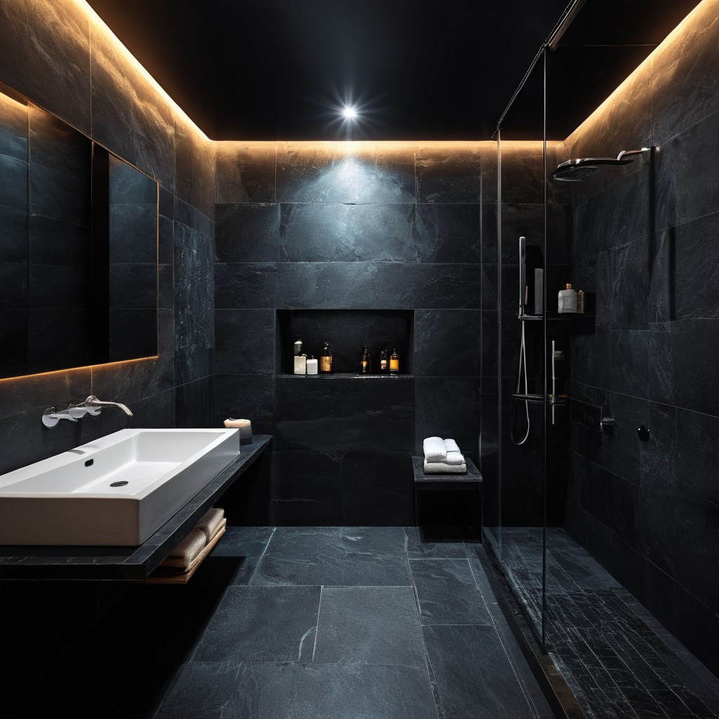 Baño oscuro de la suite con regadera de lluvia sobre azulejo de mármol