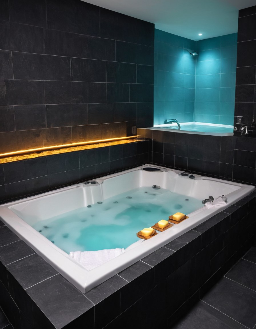 Suite con jacuzzi para dos, azulejo oscuro y toallas dobladas