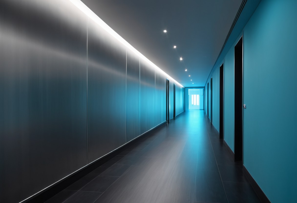 Pasillo interior de acero cepillado con luz indirecta fría