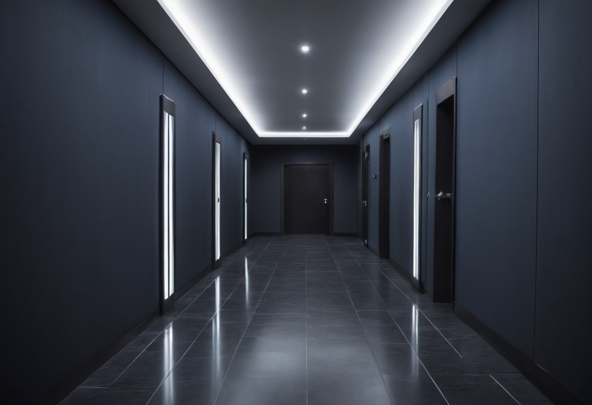 Pasillo de suites con tiras de luz en el techo y piso de piedra oscura