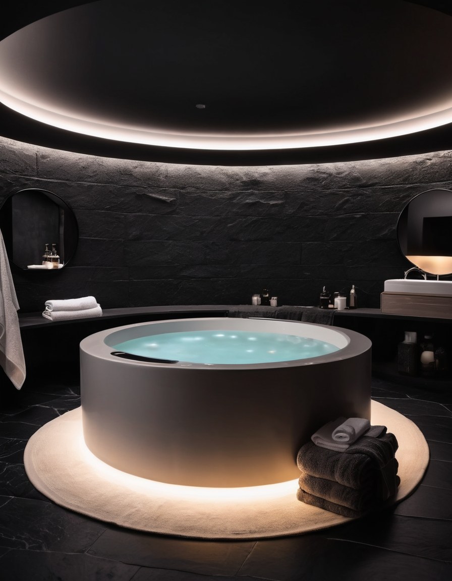 Suite oscura con jacuzzi redondo y luz de cornisa