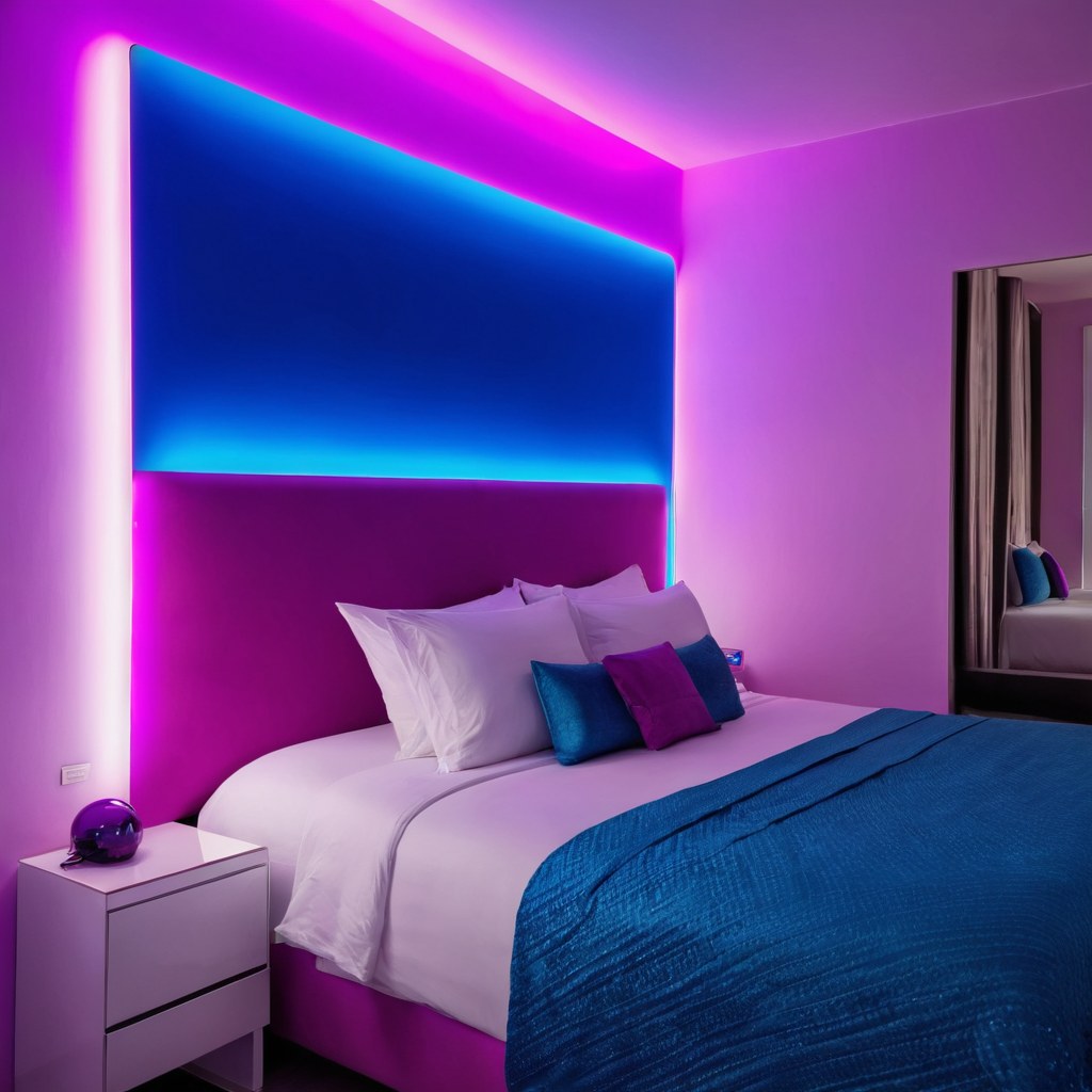 Suite con luz azul y magenta y muro de cabecera espejeado