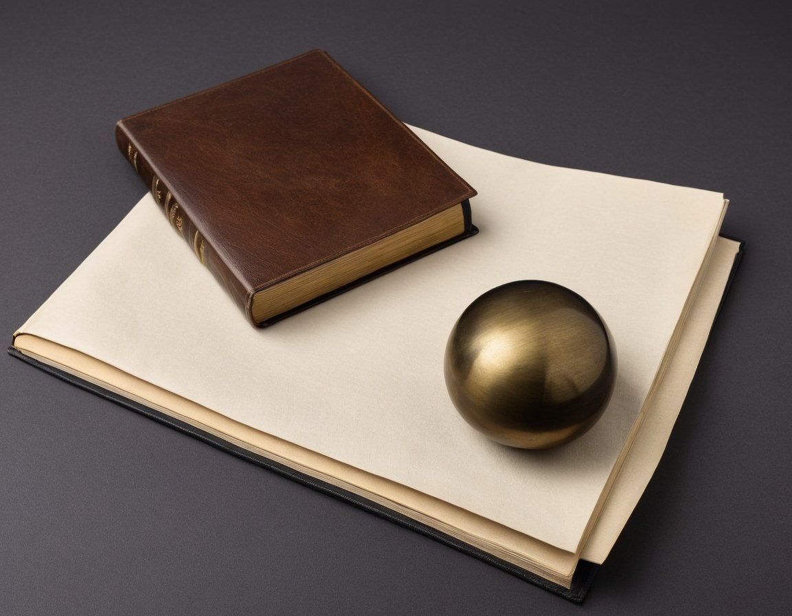 Pisapapeles de latón junto a un folio encuadernado en lino sobre nogal oscuro