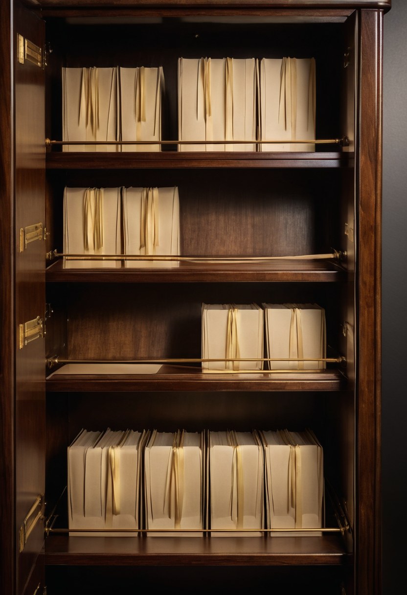 Archivero de nogal oscuro con carpetas de documentos color crema atadas con listón y un sello de latón encima
