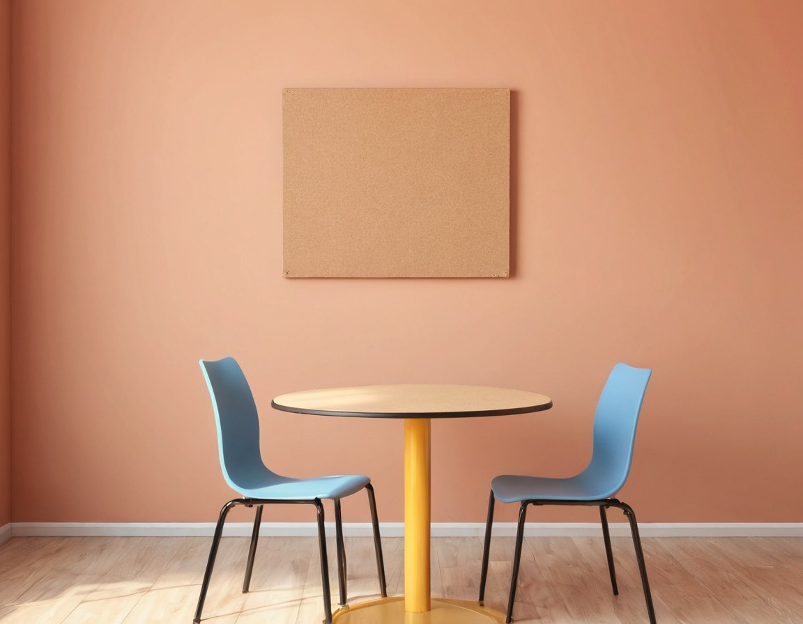 Salón de tutoría con mesa redonda vacía y un corcho sin nada