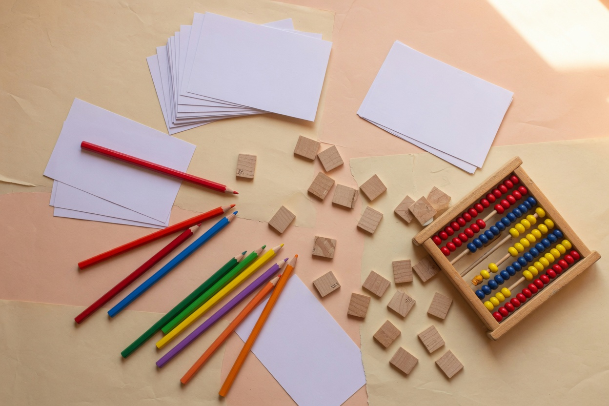 Material de apoyo sobre un escritorio: tarjetas en blanco, fichas de letras y lápices de colores