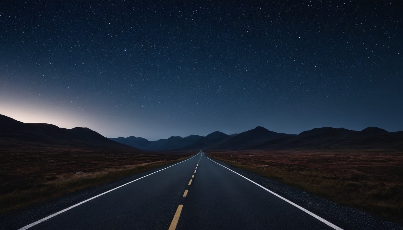Cresta de altura de noche con luces cálidas a lo lejos