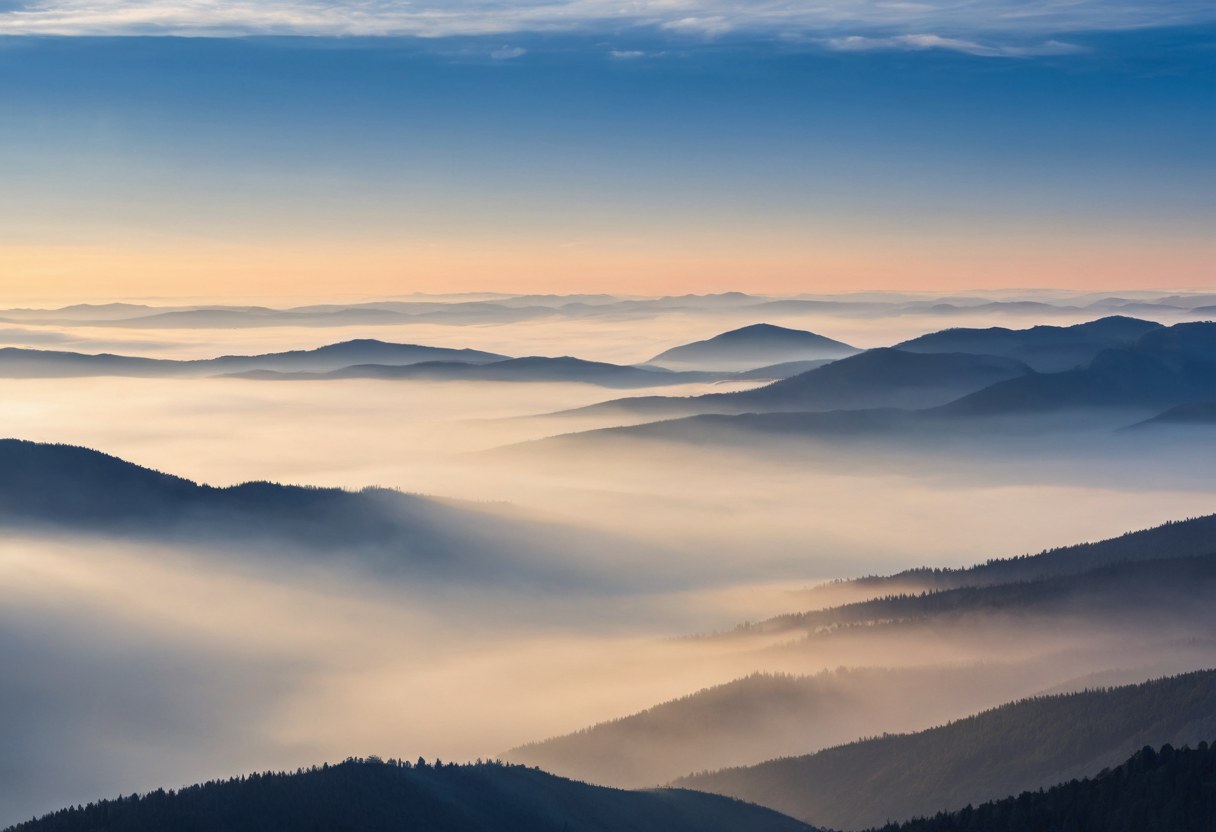 Cordilleras azules en capas al amanecer vistas desde una pradera alta