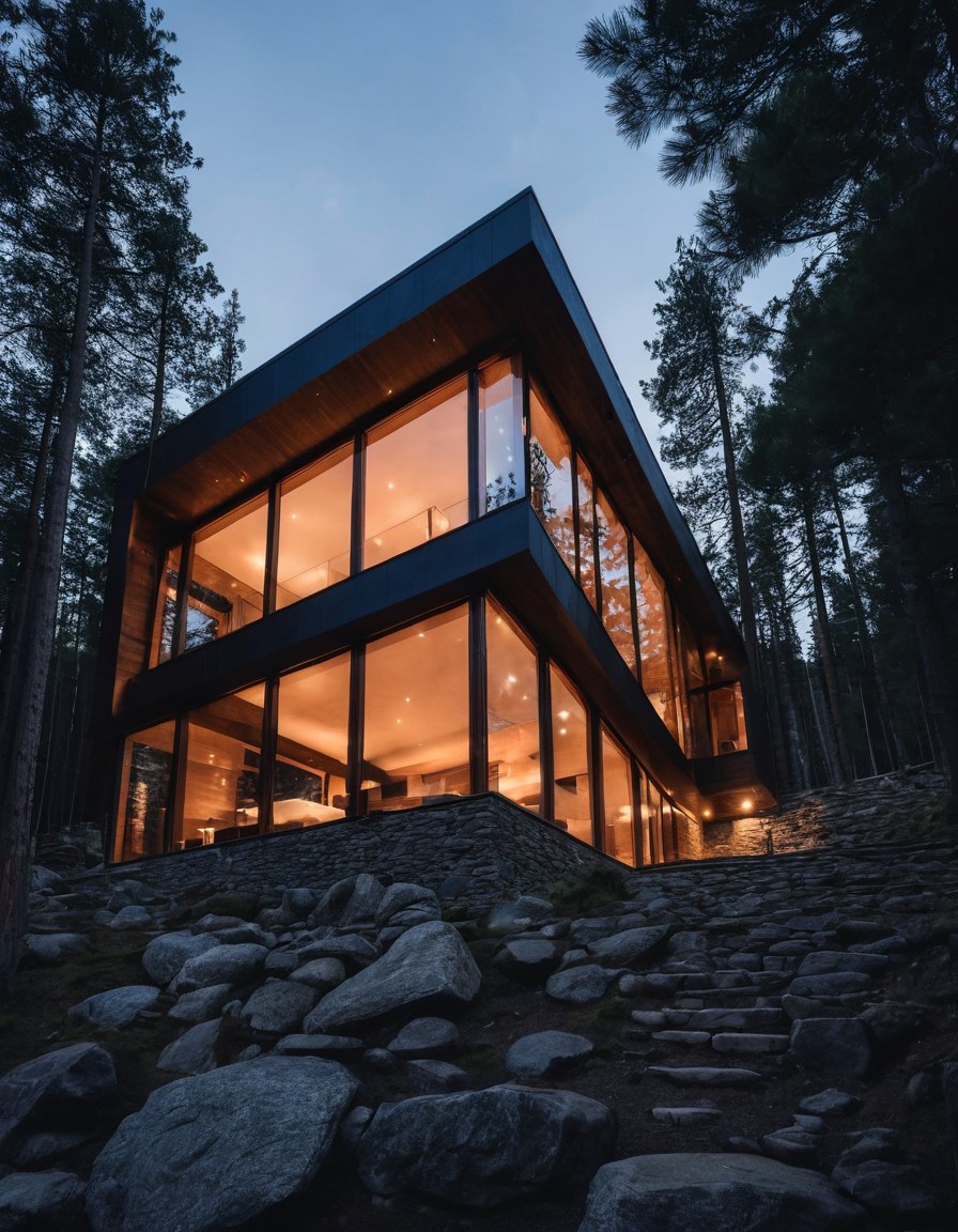 Residencia de montaña de madera oscura y piedra al anochecer con luz cálida