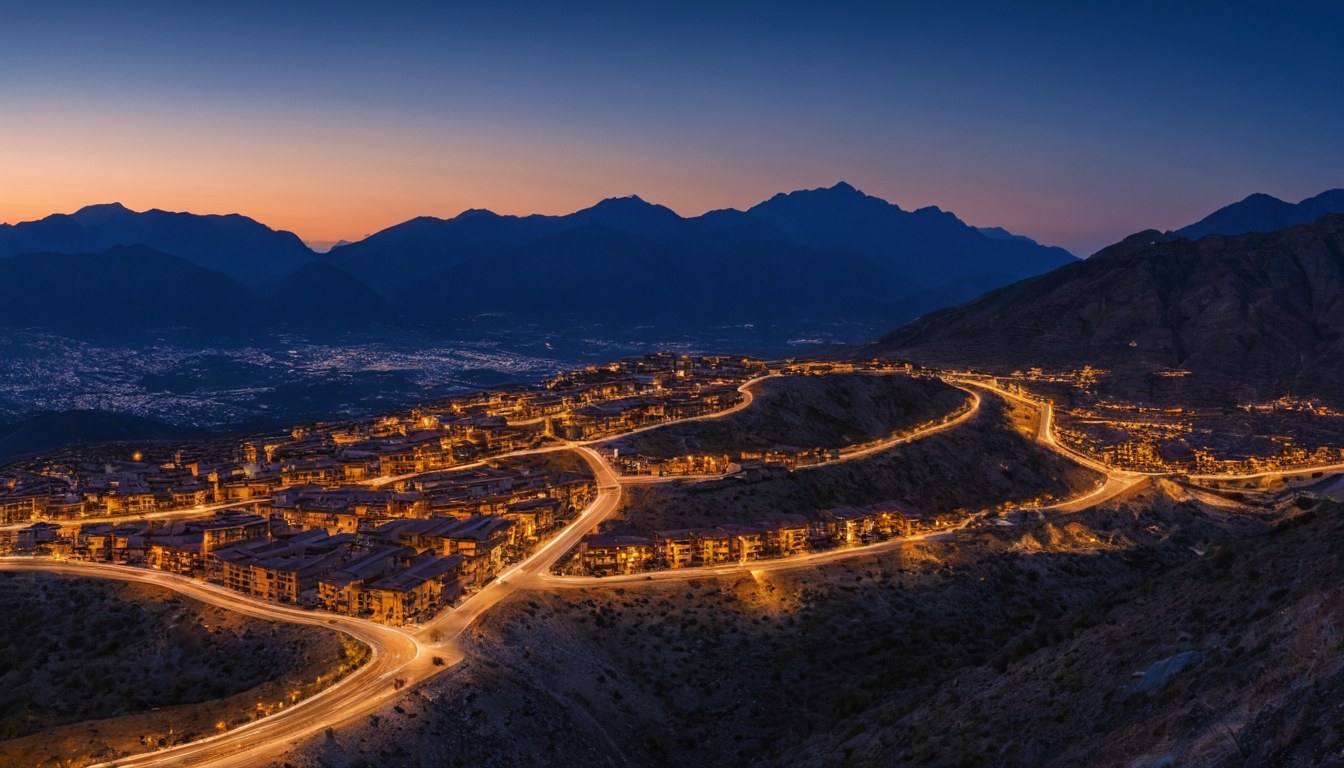 Vista panorámica de un desarrollo residencial en ladera a la hora azul