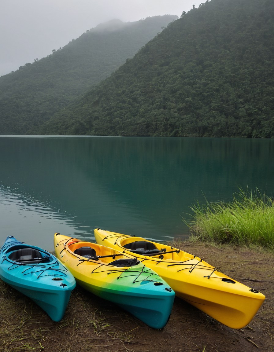 Kayaks amarillos y verde azulado descansando en la orilla de una presa arbolada después de la lluvia