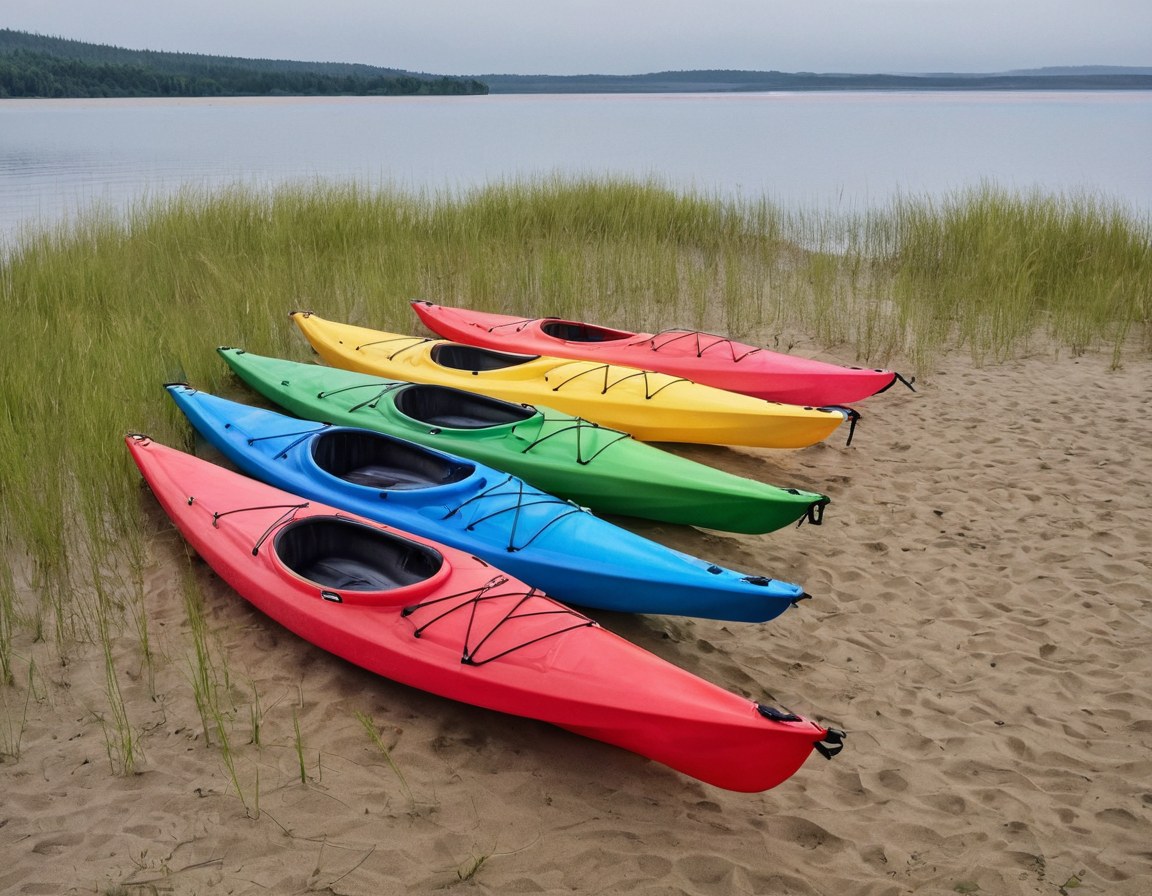 Kayaks de colores alineados en la bajada natural a la orilla