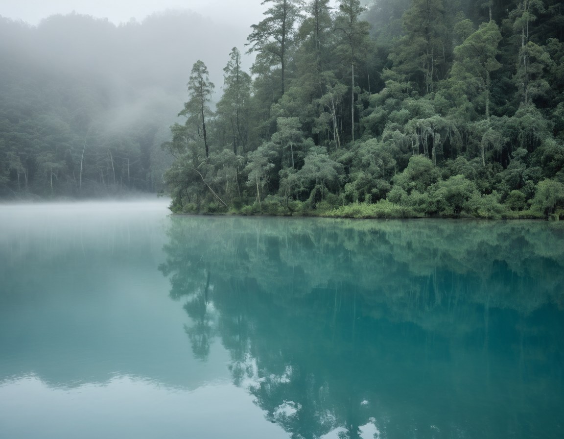 Laguna en calma con niebla de bosque después de la lluvia