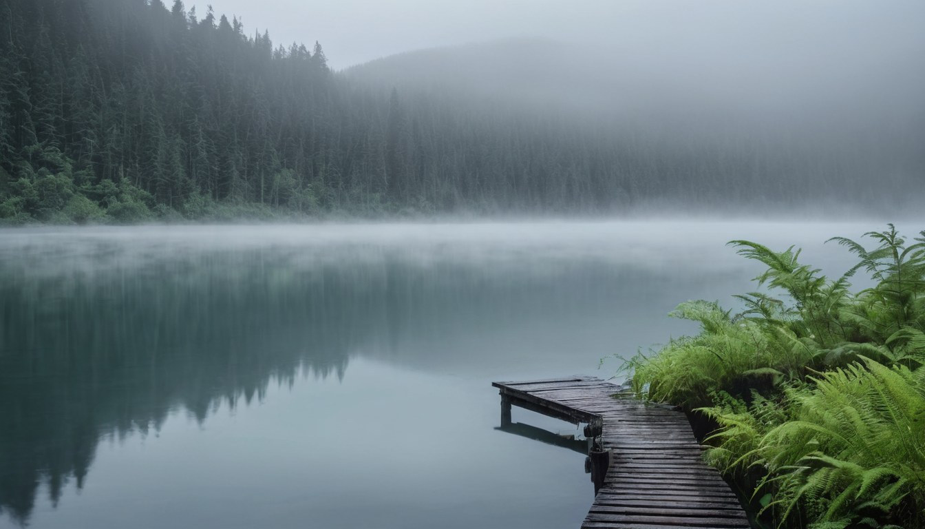 Laguna de bosque bajo lluvia vista desde un muelle de madera mojado