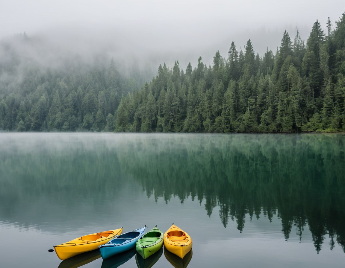 Vista elevada de un lago de bosque en calma con kayaks vacíos en la orilla lejana entre la niebla