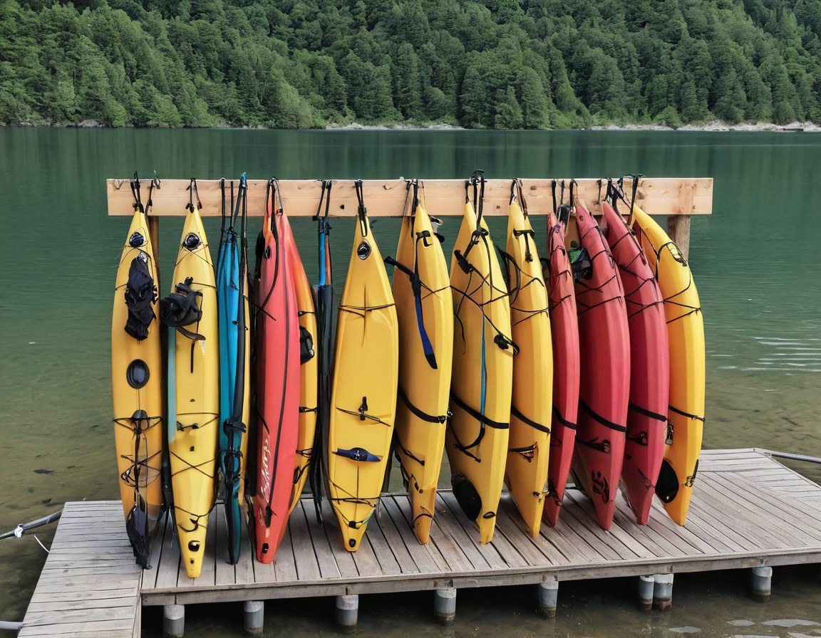 Kayaks de renta colgados en un anaquel de madera abierto junto al agua