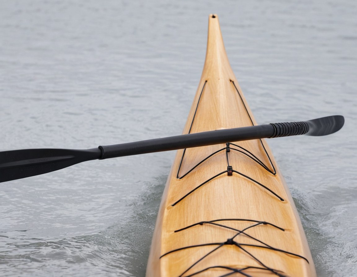 Detalle de una pala de remo de madera clara sobre la cubierta de un kayak