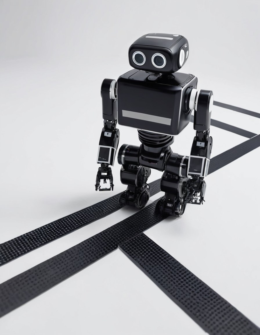 Robot seguidor de línea sobre una pista de cinta negra en el piso