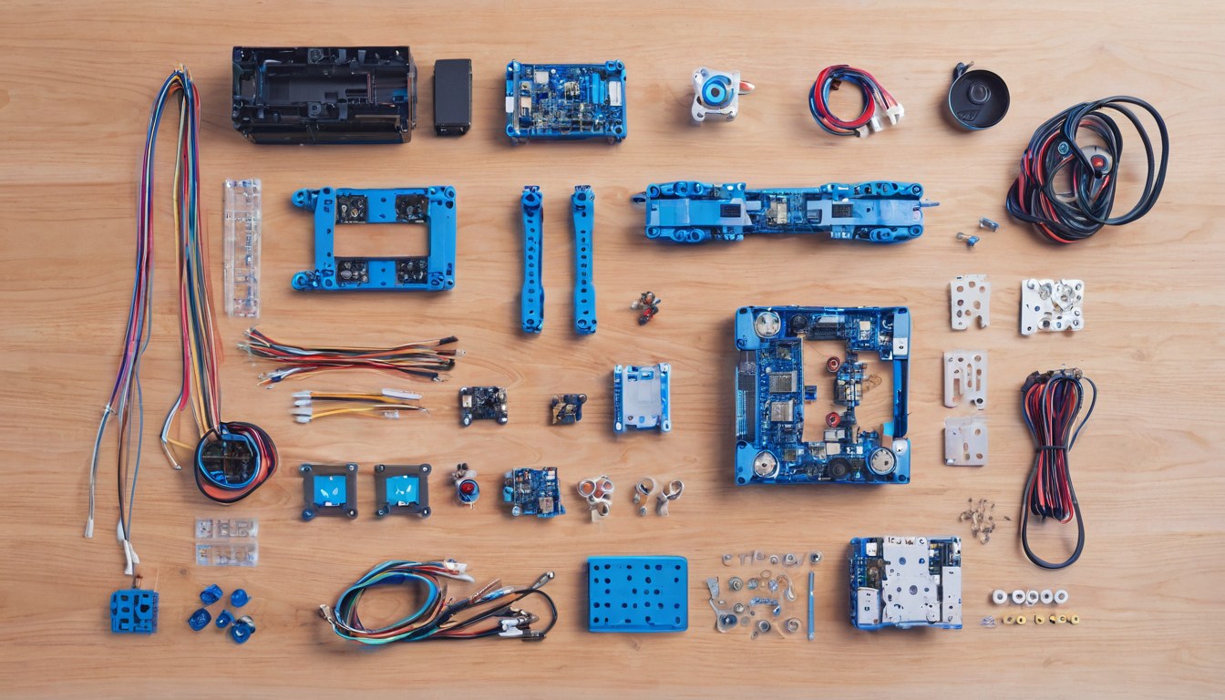 Mesa de trabajo con un chasis de robot modular y sensores de colores encendidos