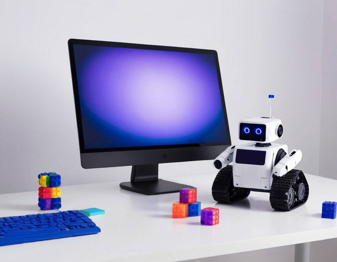 Robot educativo junto a un monitor apagado y bloques de programación de colores