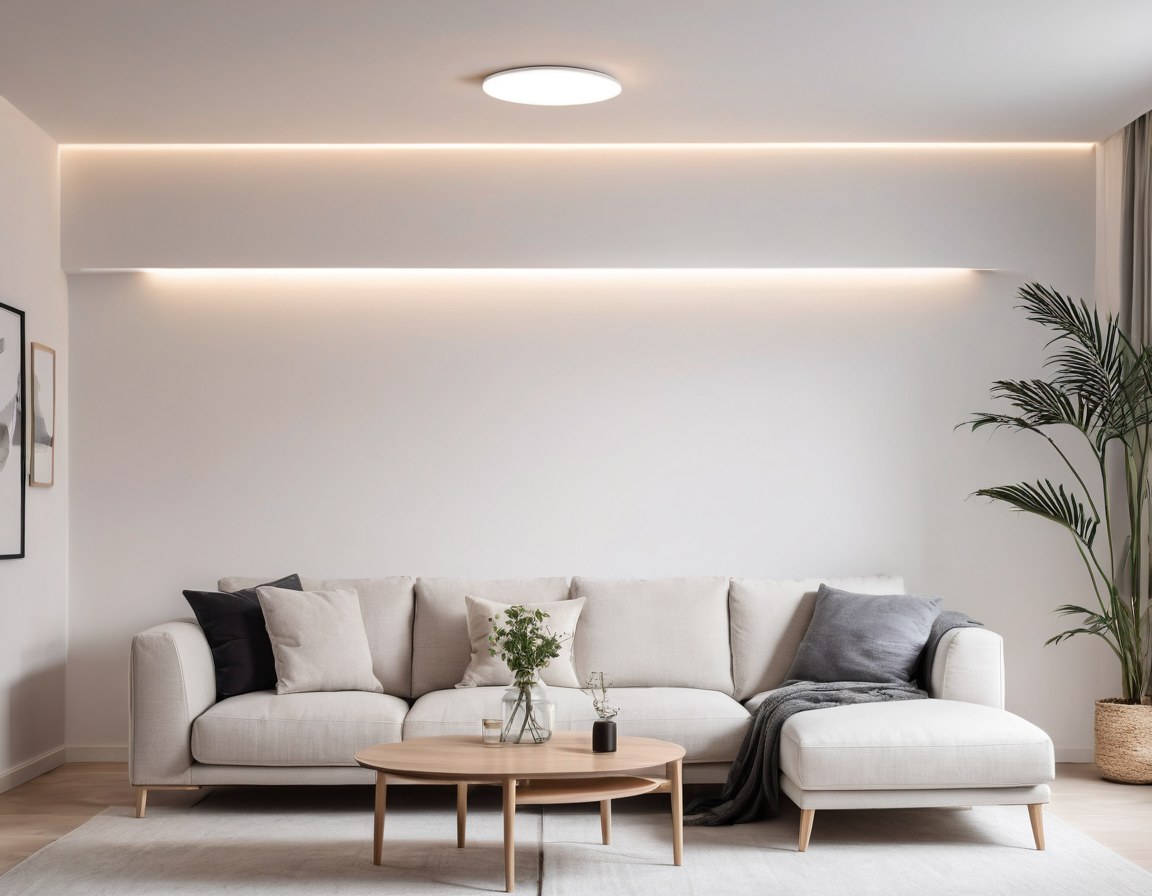 Sala con iluminación inteligente encendida en escena de tarde y un atenuador blanco en el muro