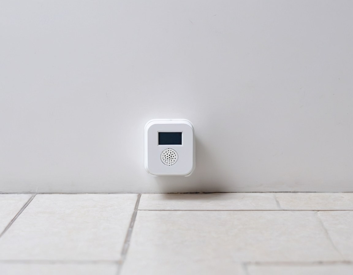 Sensor ambiental en el muro y sensor de fuga de agua junto a una tubería