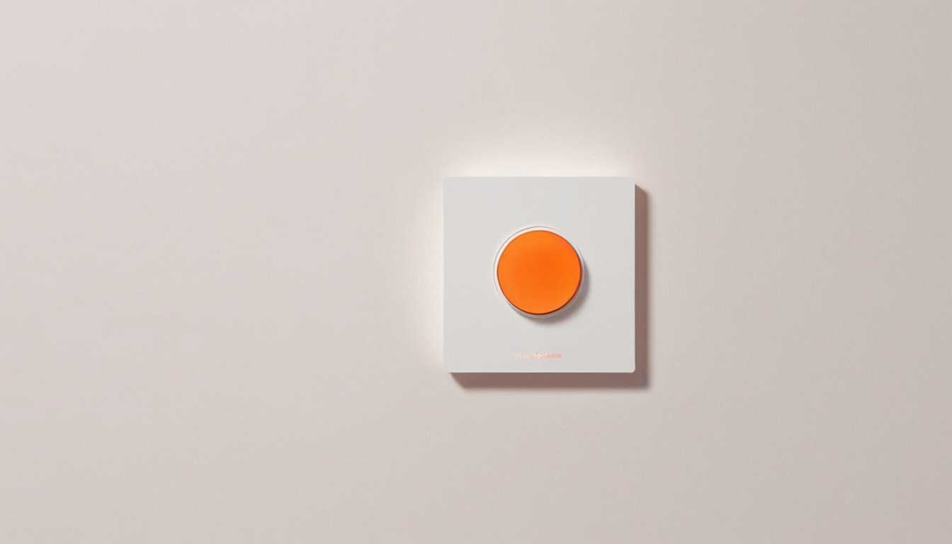 Tablero de control de casa inteligente instalado en un muro claro, con una luz naranja de aviso