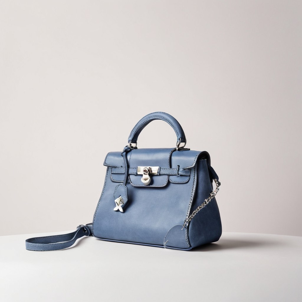 Bolsa de piel vintage, mezclilla doblada y un accesorio plateado sobre fondo claro