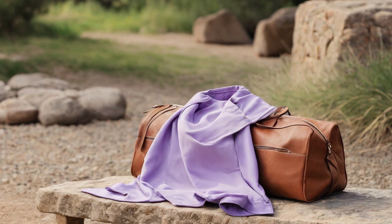 Bolsa lila reutilizable junto a un abrigo vintage sobre una banca de piedra al sol