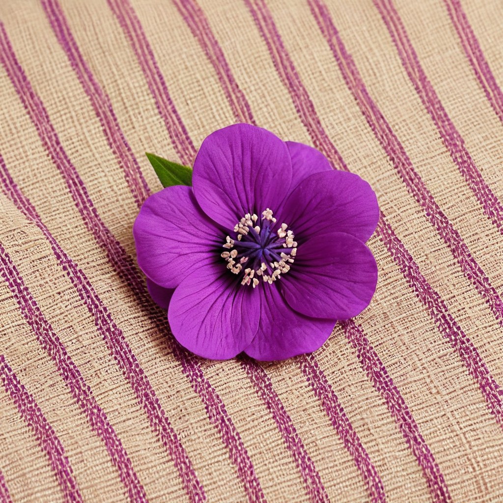 Macro de tela vintage estampada junto a una pequeña flor morada