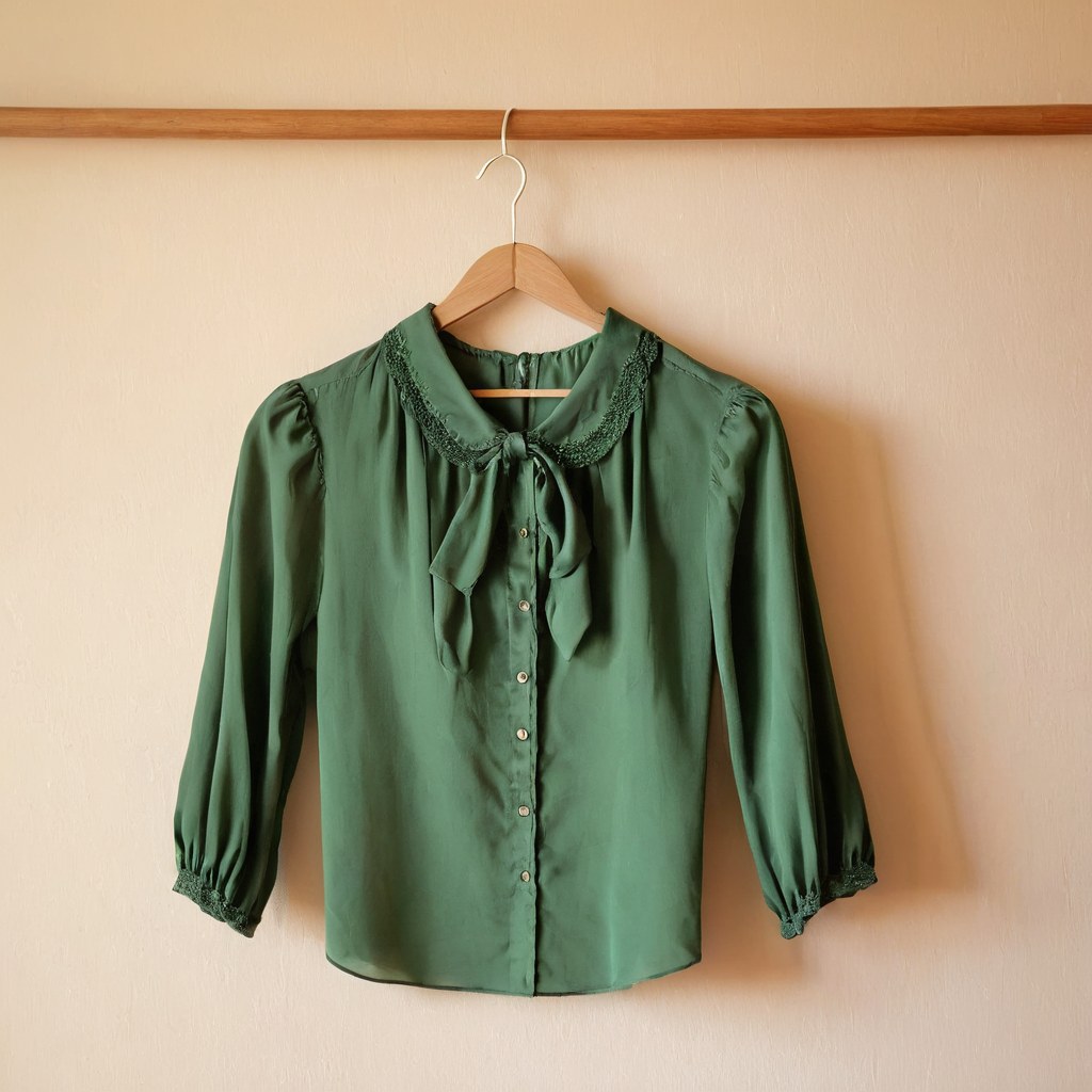 Blusa vintage verde bosque en un gancho de madera frente a una pared crema