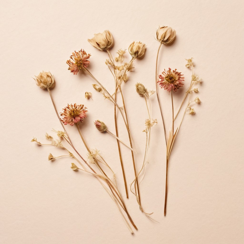 Pétalos de flor seca y tallos pequeños sobre papel marfil