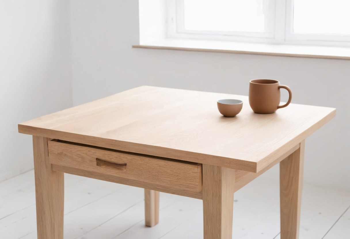 Mesa auxiliar de encino claro con cajón y tirador embutido junto a una ventana