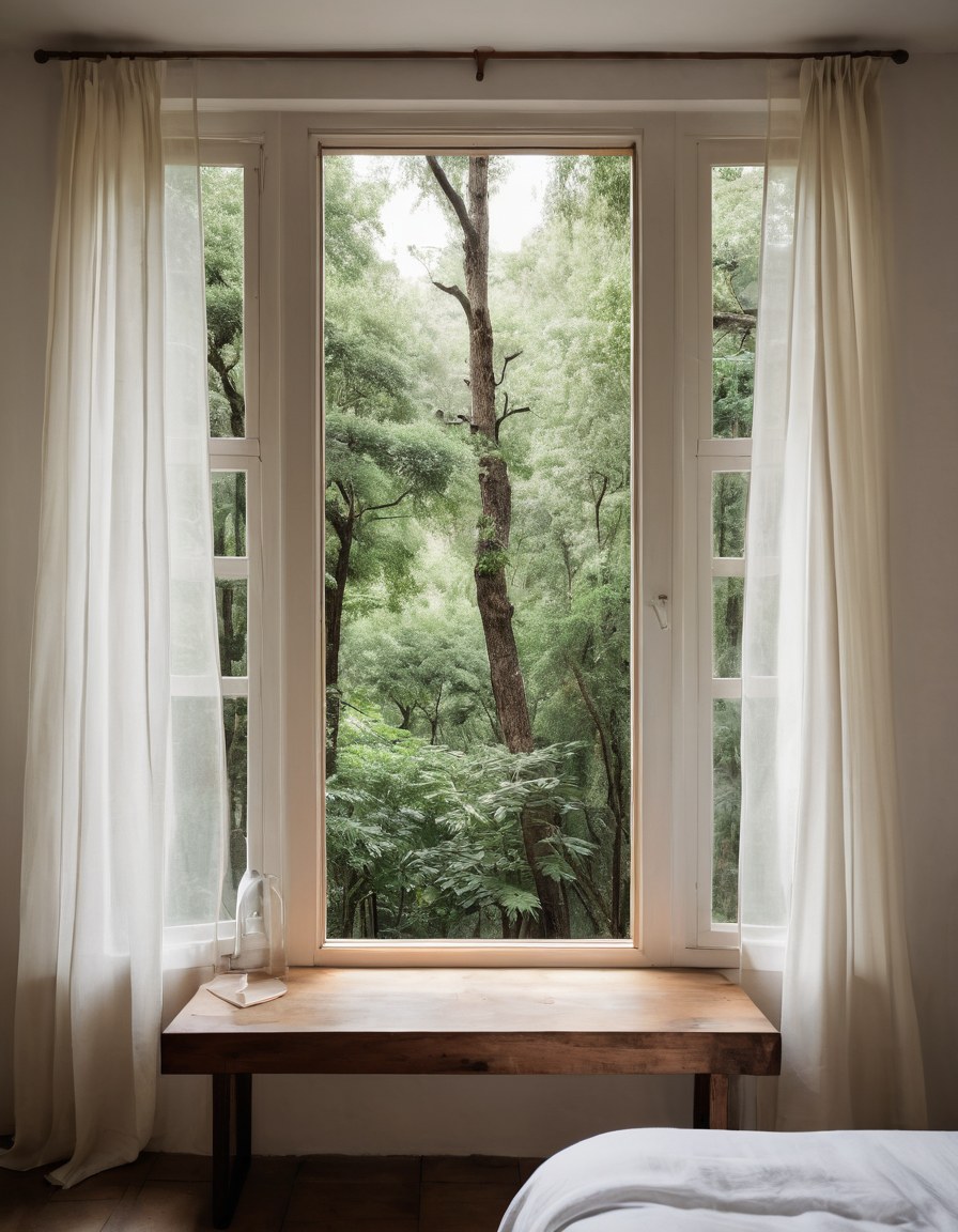 Ventana alta con cortinas blancas que deja ver árboles, junto a una banca de madera