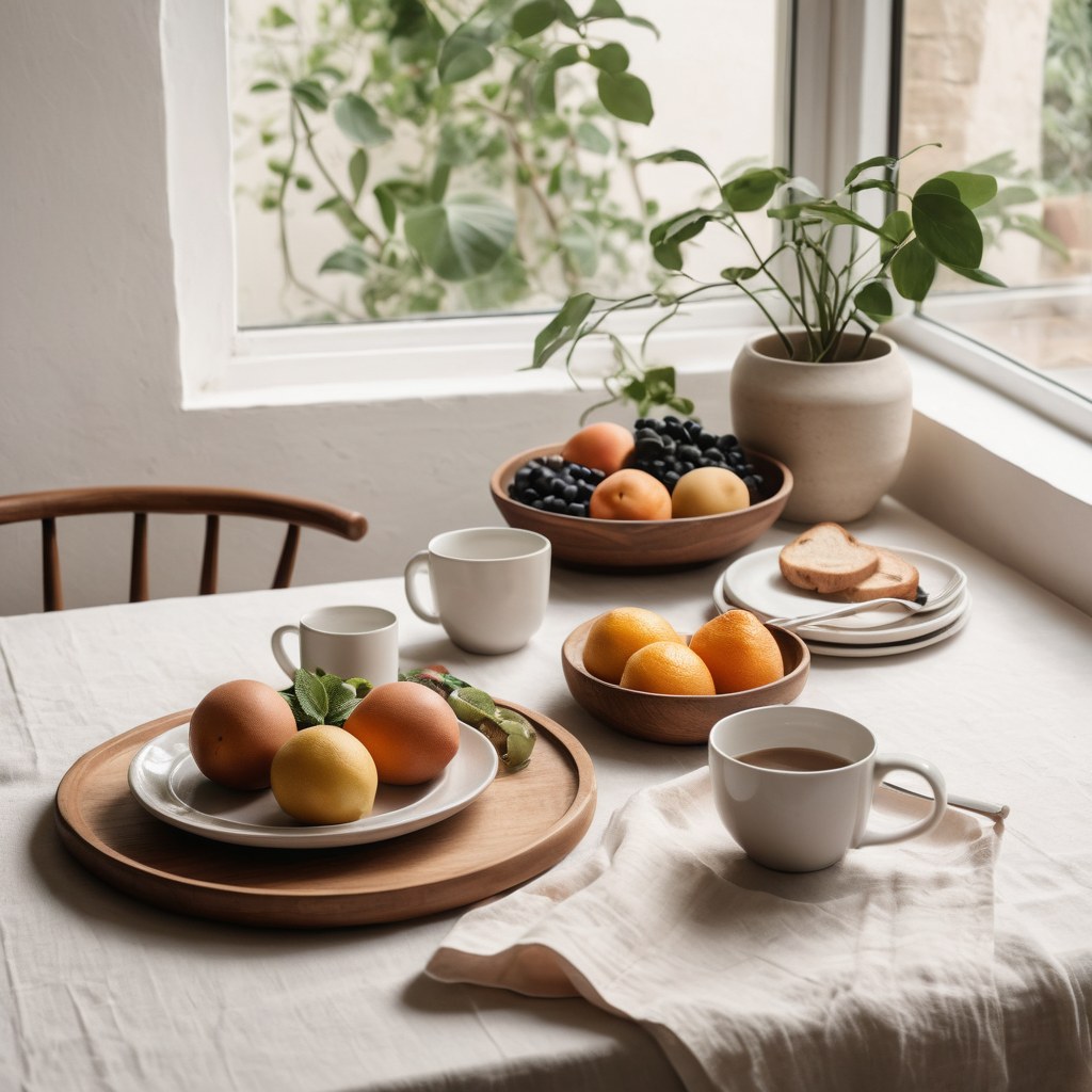 Mesa de desayuno para dos con loza hecha a mano, pan, fruta y café junto a la ventana