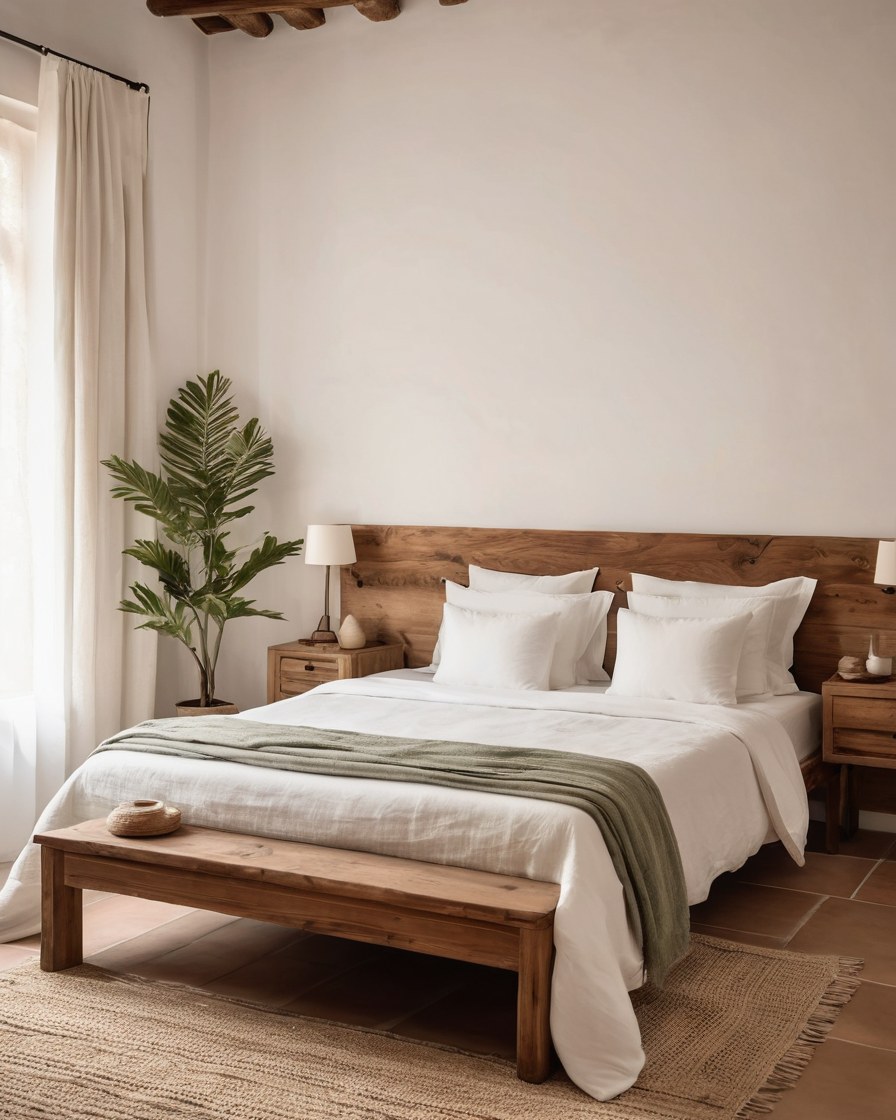 Habitación con cama tendida en blanco, cortinas de lino y una ventana hacia los árboles
