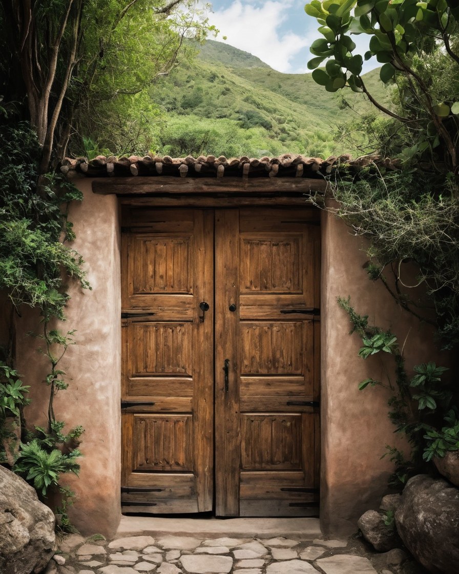 Puerta antigua de madera abierta hacia un paisaje de cerros y árboles