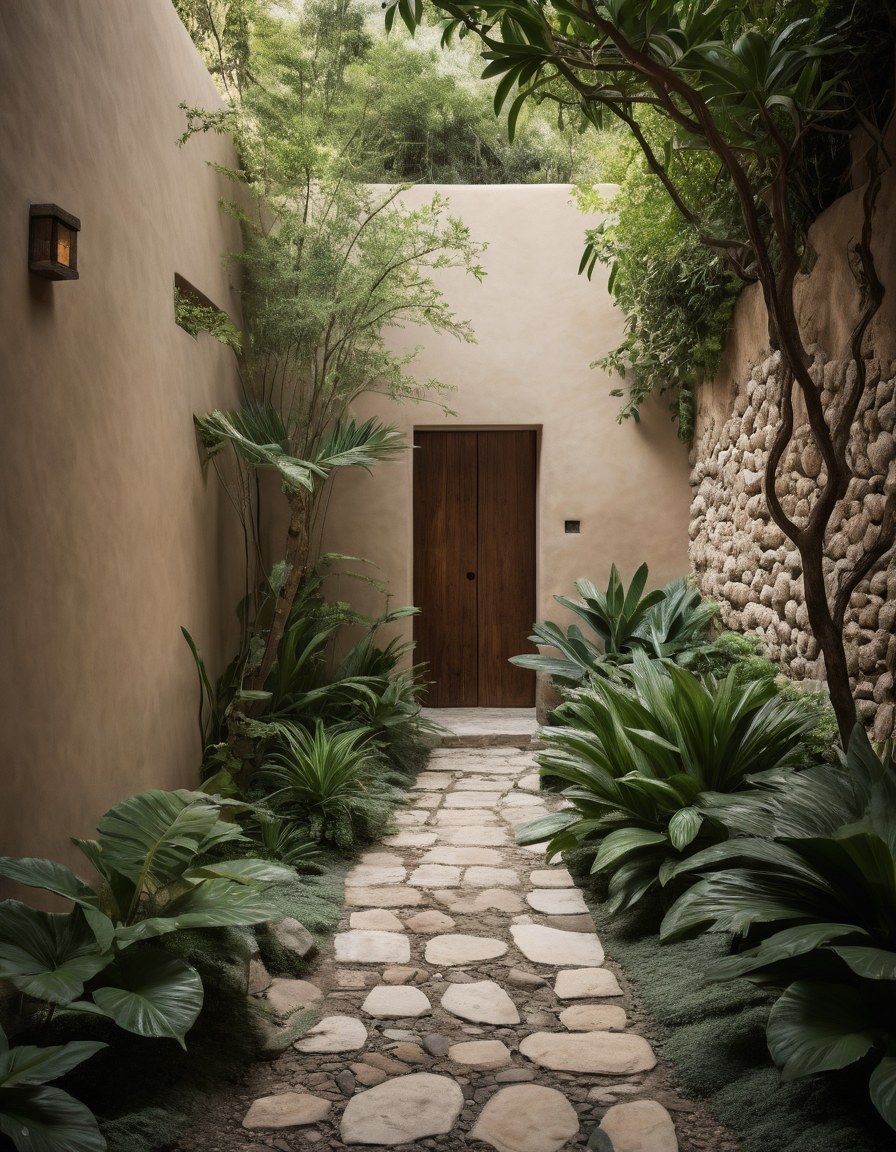 Andador de piedras entre plantas grandes, junto a muros de aplanado y una puerta de madera