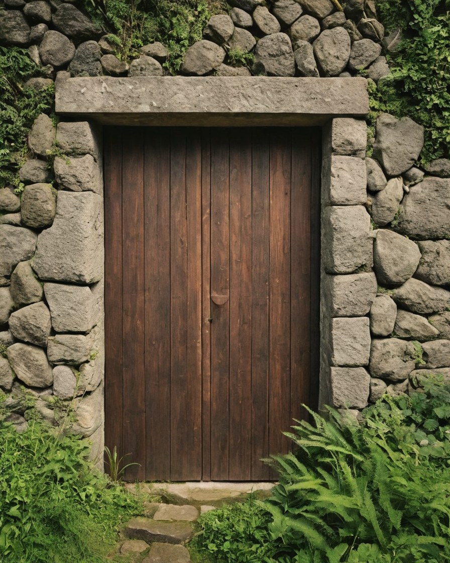 Puerta de madera en un muro de piedra rodeado de helechos