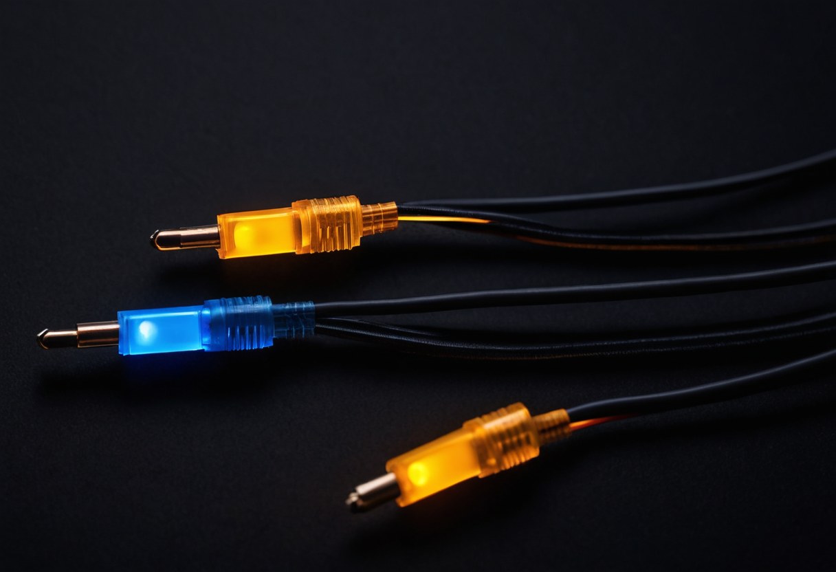 Panel de ruteo de audio visto desde arriba, con luces pequeñas y cables