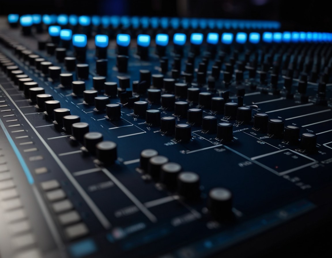 Perillas y faders iluminados de una consola de mezcla