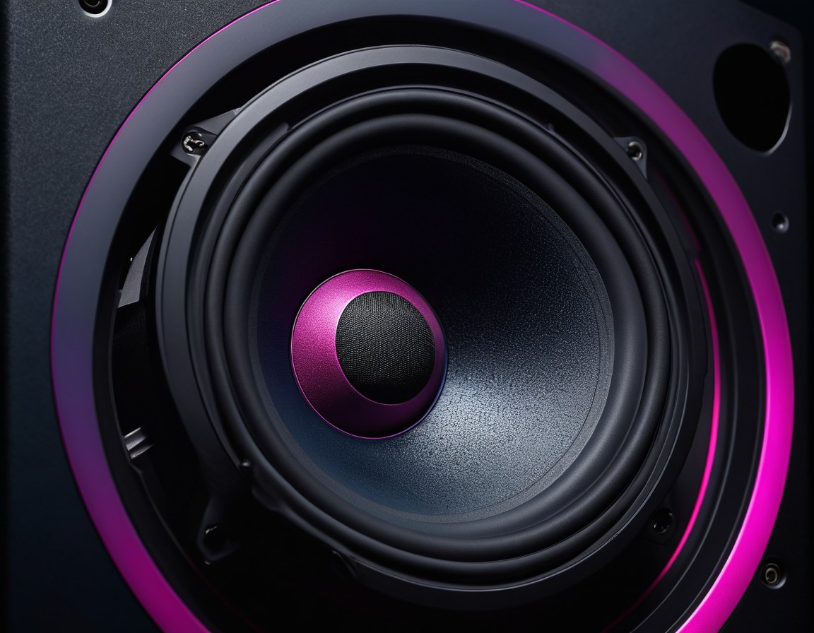 Cono de un monitor de estudio con un reflejo de luz azul y magenta