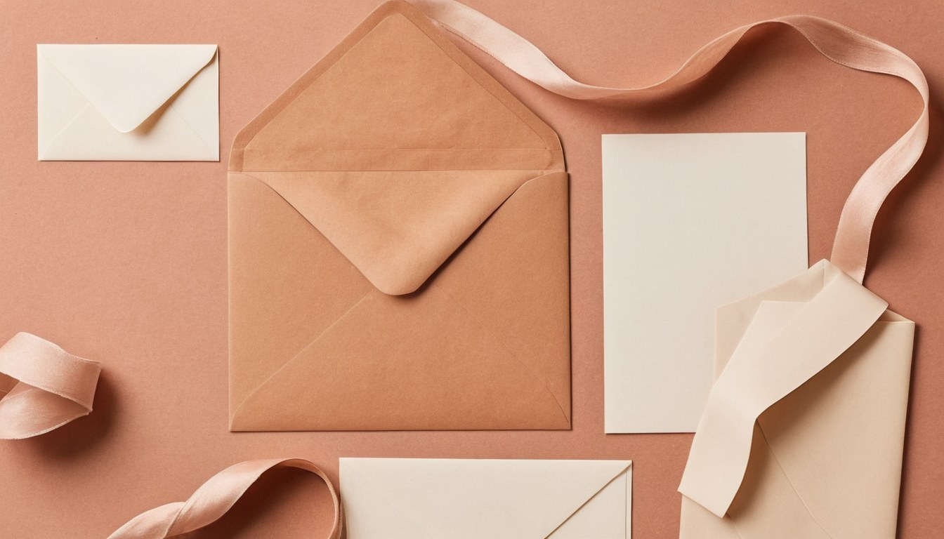 Escritorio de correspondencia con sobres, hojas sueltas y listón sobre papel terracota